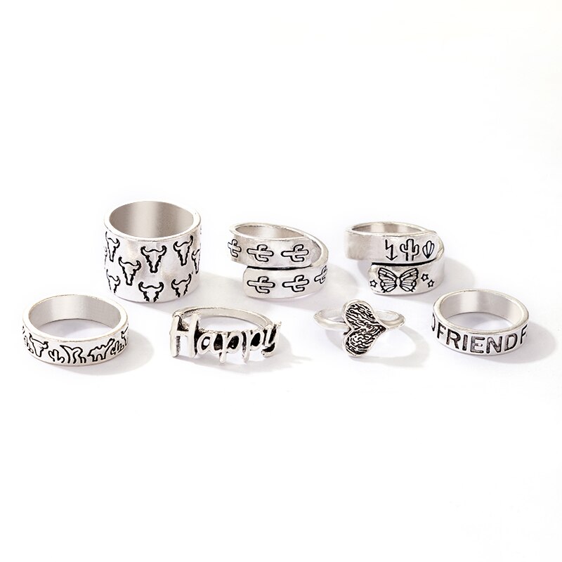 Docona 7 Stks/set Vintage Bull Hoorn Vlinder Ringen Voor Vrouwen Cactus Hart Brief Gelukkig Geometrie Ring Set Sieraden Anillos 20891: Default Title