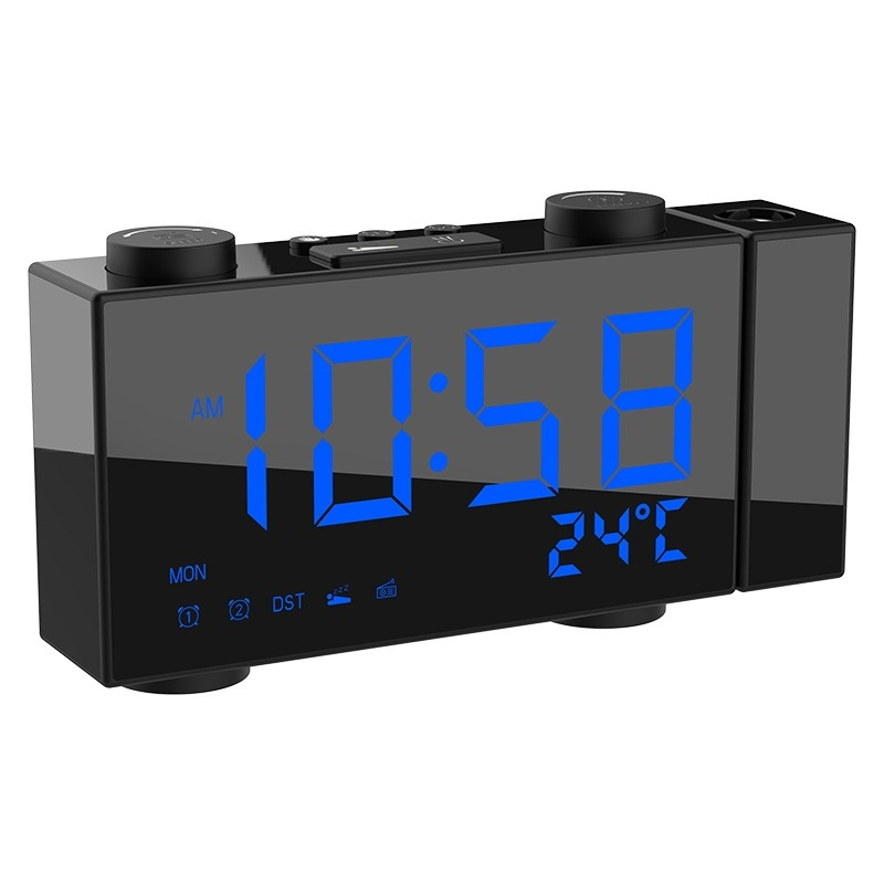 LED FM Radio réveil numérique Projection de l'heure horloge de bureau fonction Snooze affichage de la température USB Charge rétro-éclairage horloge de Table: Blue