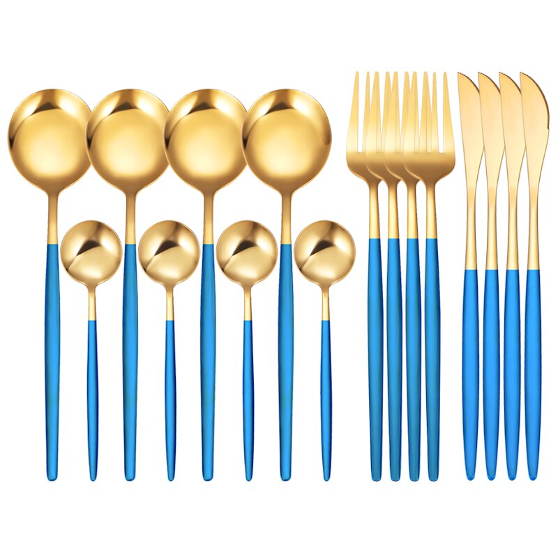16Pcs/Set White Gold Cutlery Set Knives Forks Tea Spoon Dinnerware Flatware Stainless Steel Silverware Kitchen Tableware Set: 16 Pcs Blue Gold