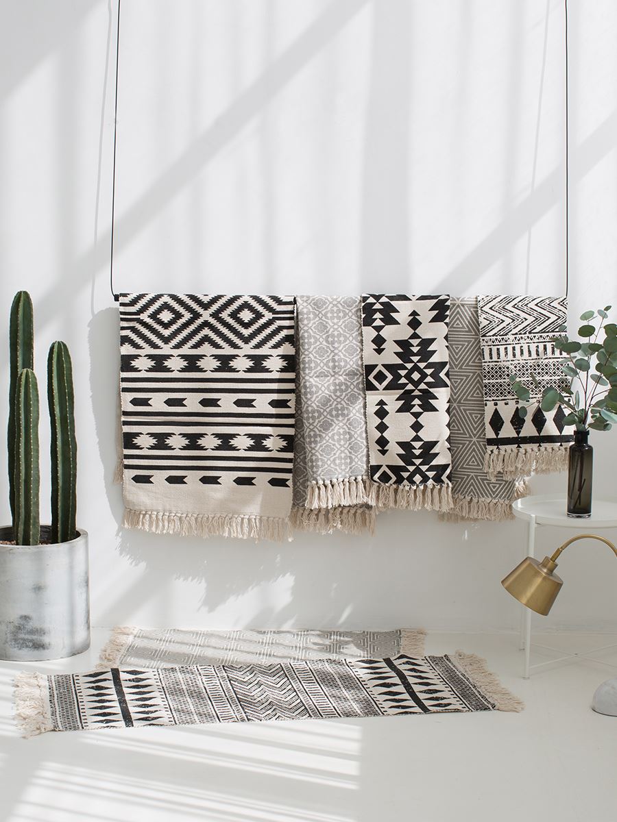 Kilim tapis moderne à rayures | Tapis de salon 100% coton, tapis géométrique indien, noir blanc, contemporain, style nordique de bohémien