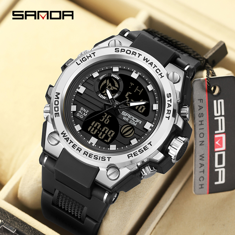 Reloj electrónico SANDA 739 para hombre, cronómetro de cuenta regresiva doble de lujo, resistente al agua, deportivo, Digital, luminoso, batería Original japonesa