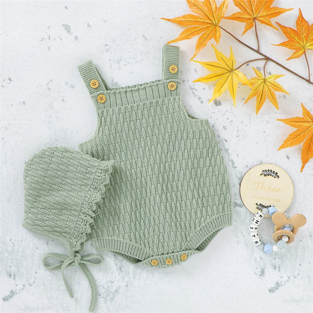 2 Stuks Set Baby Gebreide Romper Kleding Set Katoen E Kruis Knop Een Stuk Jumpsuit + Hoeden Peuter Baby jongens Meisjes Outfits: green / 18m