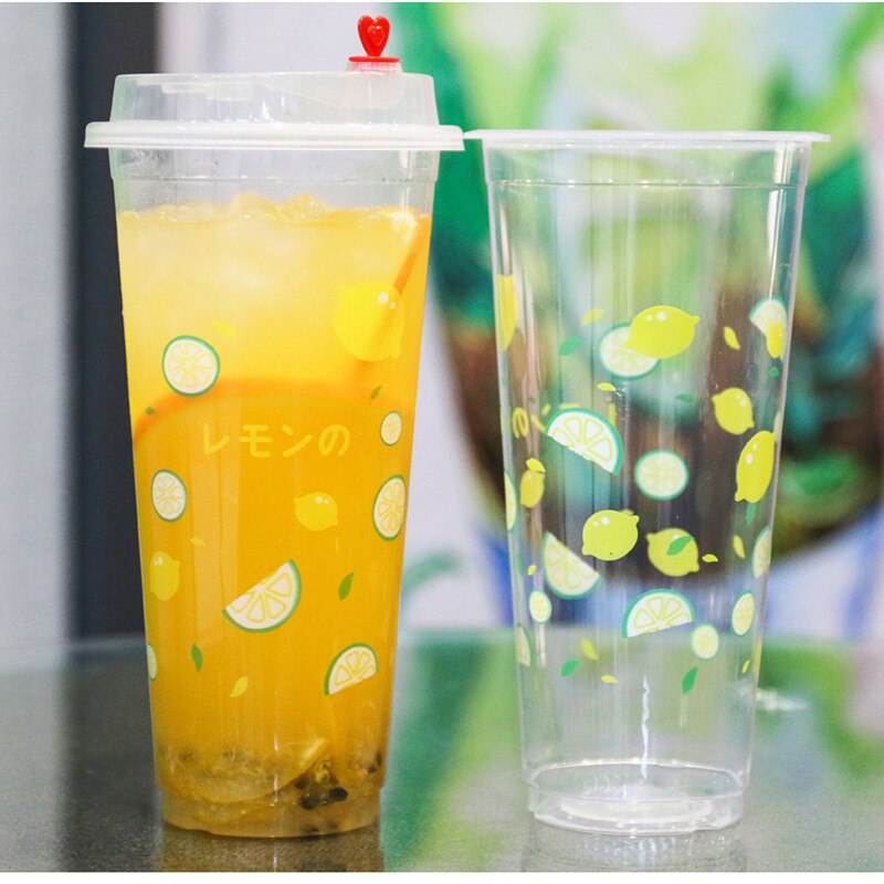 50pcs 90 caliber 500ml transparent cold drink cup fruit lemon peach pattern disposable juice plastic cups with lid