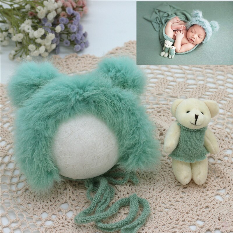 Baby Fotografie Requisiten Neugeborenen Fotografie Hut Bär Puppe Neugeborenen Hut Fotografie Zubehör (1pc Baby Hut und 1pc bär Puppe): mint green