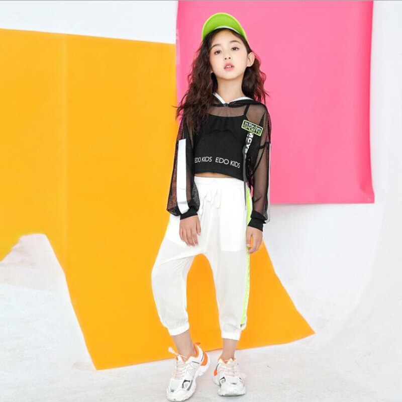 Vêtements de danse Hip Hop pour enfants, sweat à capuche, t-shirt, hauts, pantalons de jogging blancs pour filles, Costume de danse Jazz, vêtements de rue