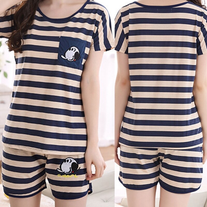 Women Cartoon Pajamas Short Sleeve Cotton Pyjamas Set Home Nightwear Sleepsuit