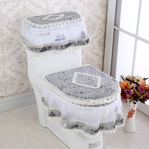Asiento de inodoro de encaje para baño, cubierta de tanque de agua, Cubierta superior, juego de almohadillas de inodoro, cojín Protector de inodoro con estampado Floral de tres piezas: 5