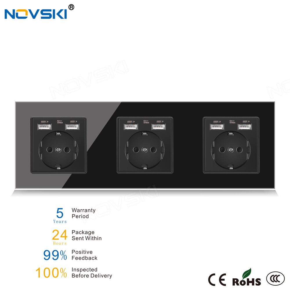 NOVSKI 16A EU Standard Wall Socket Triple Frame Crystal Glass Black Panel 86*258 mm, Hidden LED for USB Charger: Glass Panel 6 USB