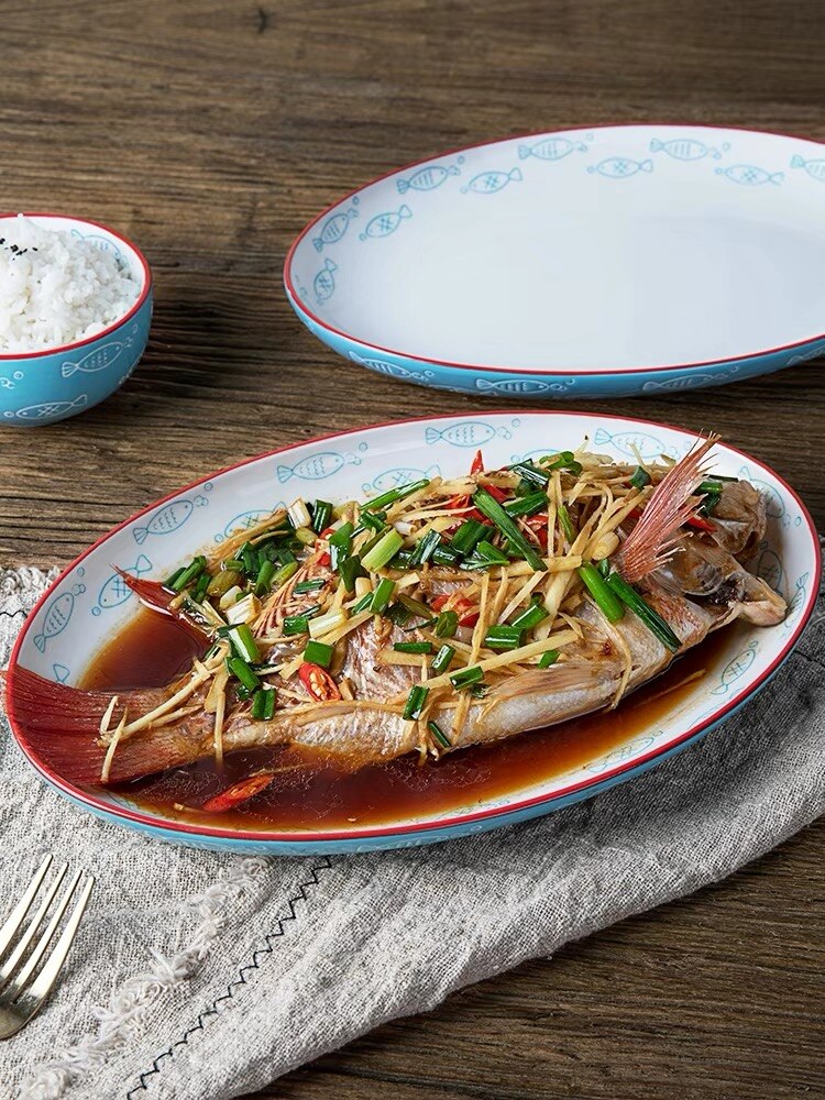 Ceramic Steamed fish plate 8/10/12inch round oval dish with disc clamp heat resisitant procelain tableware dinner set