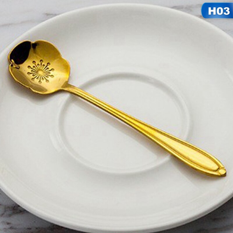 Tableware Coffee Stirring Spoon Ceramic Handle Flower Scoop Stainless Steel Gold Plated Cherry Rose Spoons Kitchen Tools: H03