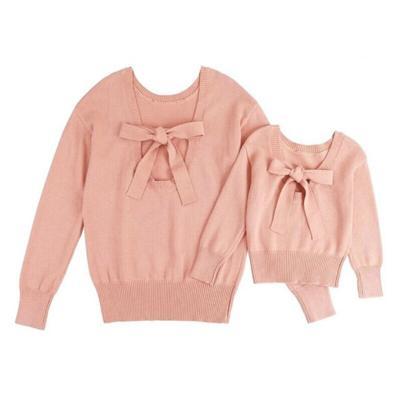 Maman et moi famille correspondant chandails vêtements mère fille rose solide nœud papillon pull pull pull hauts