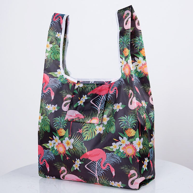 Green Foldable Reusable Eco Shopping Bag Flower Tote Folding Pink Flamingo Pocket Pouch Handbags Storage Bags: FBheisehuoniao