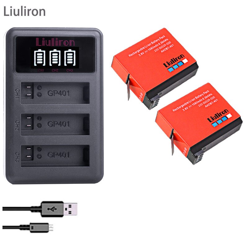 Batería de AHDBT-401 de 1680mAh para Gopro Hero 4, cargador de 3 lotes para Go Pro Hero 4, batería AHDBT 401, accesorios de cámara, 4 Uds.: charger and 2battery