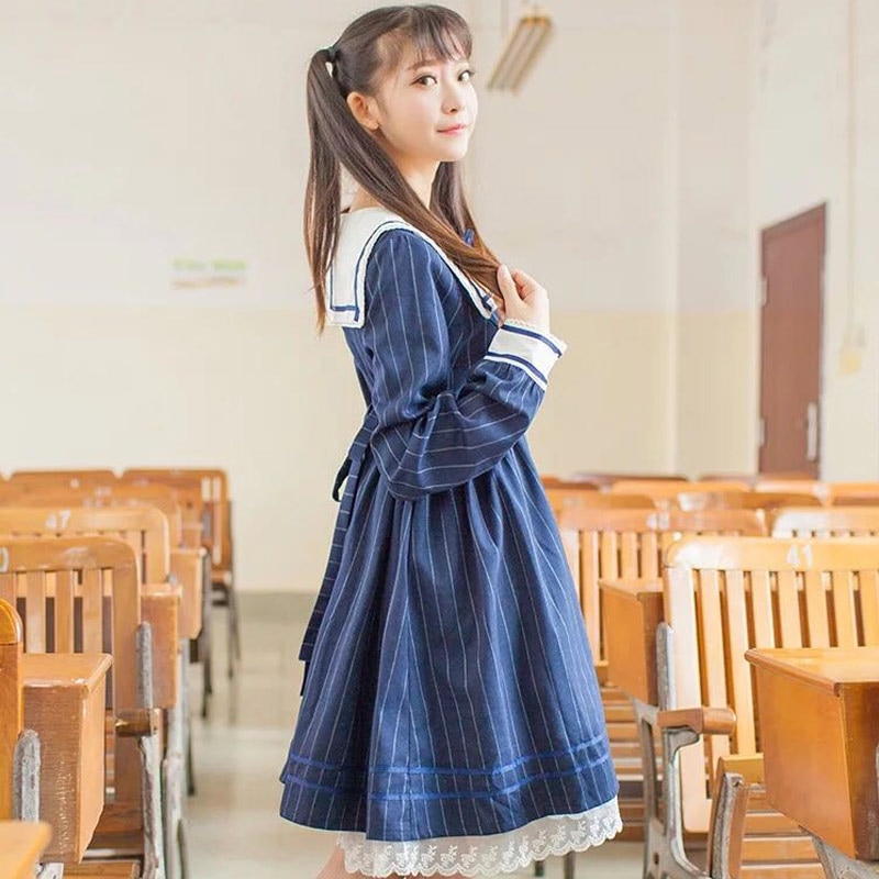 Langærmet efterårs lolita jk uniform lolita sømandskrave sød pige cos kjole stor dame buttede piger plus størrelse  xl 2xl 3xl 4xl
