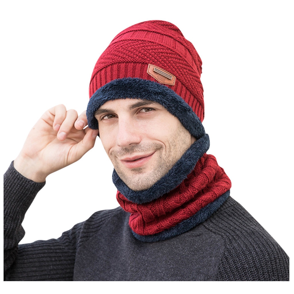 Heren Winter Hat Cap Kraag Set Winddicht Plus Fluwelen Dikke Gebreide Hoed Effen En Uitlaat Mannen Warme Muts Sjaal set Motorkap Femme Hiver