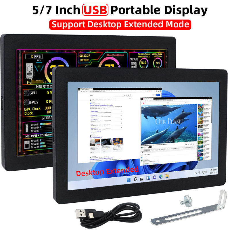 5/7 Zoll tragbares Display nur ein USB-Kabel-Chassis Sekundärbildschirm 1024 * 600 IPS LCD-Unterstützung Desktop-Anzeige mit erweiterter Modus