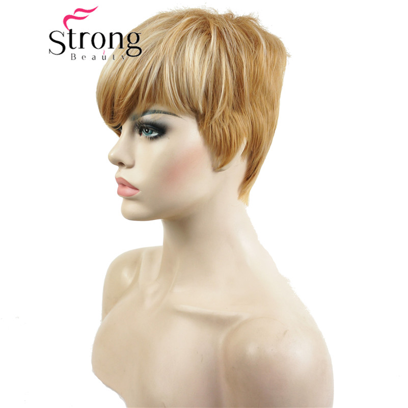 Peluca corta StrongBeauty, pelucas totalmente sintéticas asimétricas de explosión lateral, opciones de color negro y rojo: 27-613 Blonde mix