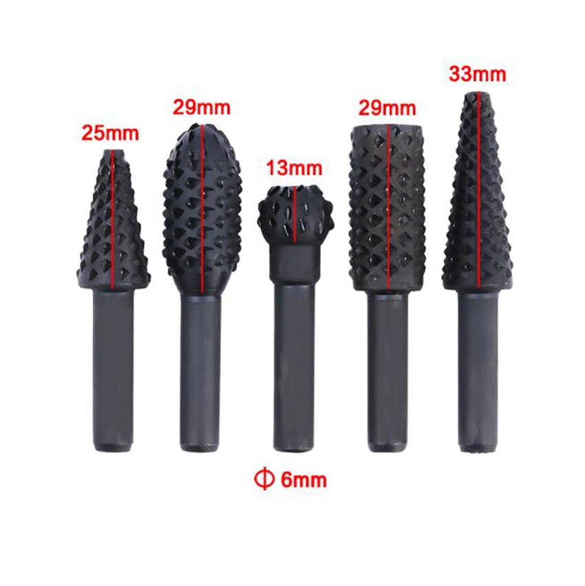 5Pcs/set Carbon Steel Rasp File Drill Bits Set, Woodworking Carving Grinder Drill Rasp Tool, 1/4" Round Rotary Files Set: black