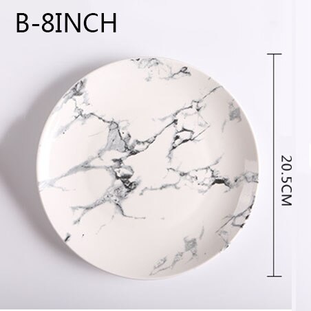 Nordic Marble Ceramic Plate Round Dinner Dessert Fruit Dishes Steak Cake Sandwiches Dishes Microwave Ovens Safe Dinnerware Set: Style-B 8inch