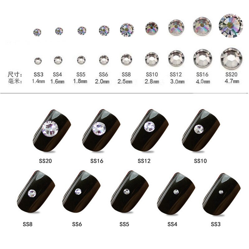 SS3 4 5 6 8 10 12 16 20 Glas Nagel Strass AB Klar oder Kristall 1440 nagel aufkleber strass für 3D Nagel Embellishments-S-29