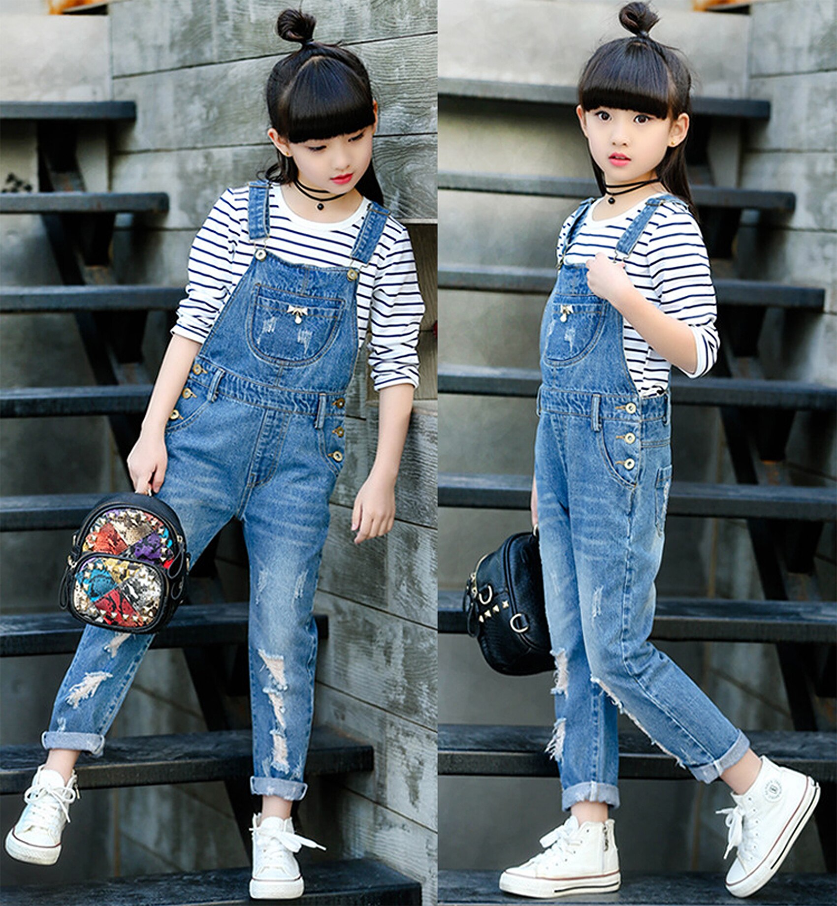 5-13T Meisjes Overalls Kids Jeans Jumpsuit Ripped Gaten Broek Lente Bib Jarretel Denim Broek Kinderen Kleding Meisje kleding