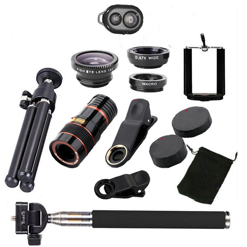 Girlwoman 10 in 1 Kits 12x Zoom Telephoto Lens Fish eye Lens Wide Angle Macro Lenses Cell Phone Mobile Tripod for xiaomi redmi: Other