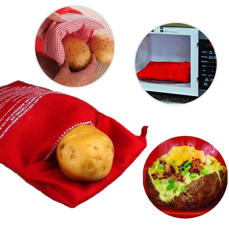 Bolsa de patatas para microondas, bolsa reutilizable para cocinar patatas en microondas exprés, cocina de patatas al horno, patatas perfectas, bolsa roja para hornear de 4 minutos