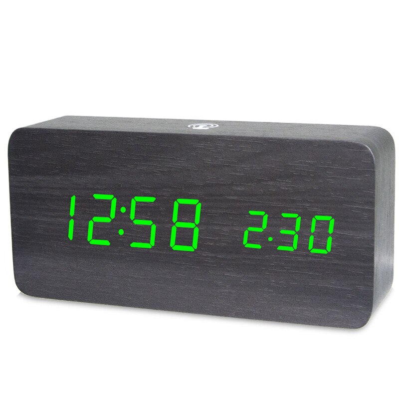 Led digital de madeira despertador app controle tempo temperatura data eletrônico desktop relógio usb bateria brilho controle de som: BLACK-GREEN