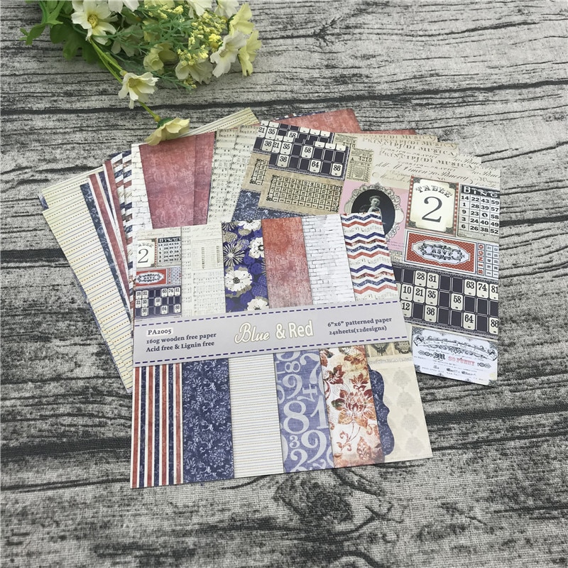 24 sheets 6"X6"The Blue red stamp Pattern Scrapbooking paper pack handmade craft paper craft Background pad