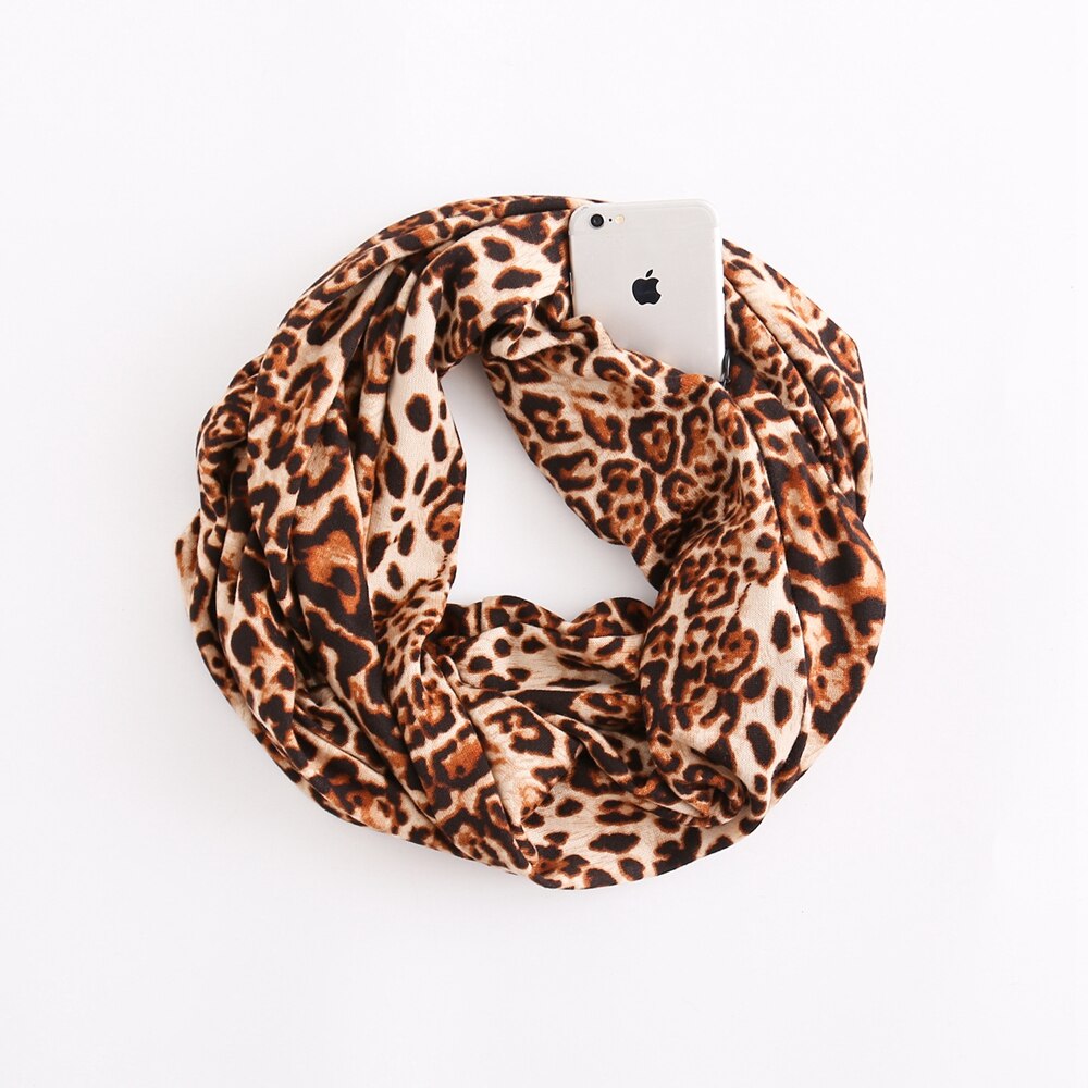 HanXi Secret Pocket Scarf with Zipper for Women Travels Leopard Crircles Scarves Soft Unisex Ring Scarf: leopard brown