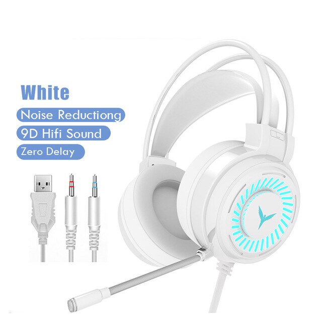 Gaming Headsets USB 3.5 Gamer Headphones Surround Sound Stereo Wired Earphones Microphone Colourful Light PC Laptop Game Headset: White