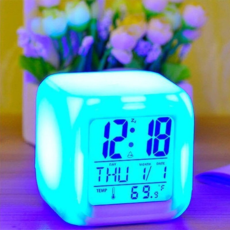 Led digital despertador 7 cores mudando mesa gadget digital alarme termômetro display noite incandescente cubo relógio decoração de casa