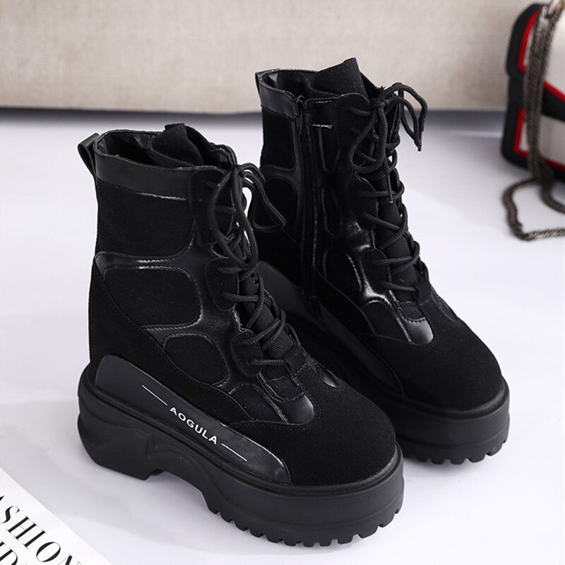 Winter hoge platform laarzen 10cm hoge hakken dames dikke zool leren wedge sneakers waterdichte ademende herfstlaarzen