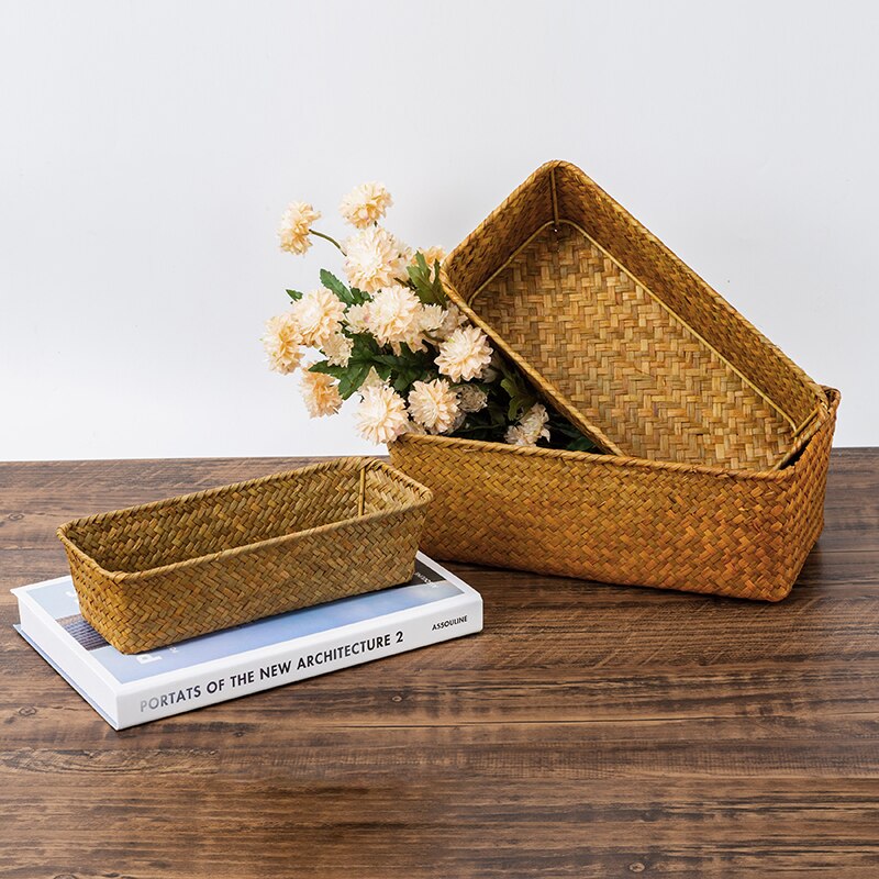 Rectangular Rattan Storage Basket Straw Fruit Dried Flowers Storage Boxes Handmade Seagrass Picnic Basket Makeup Organizer