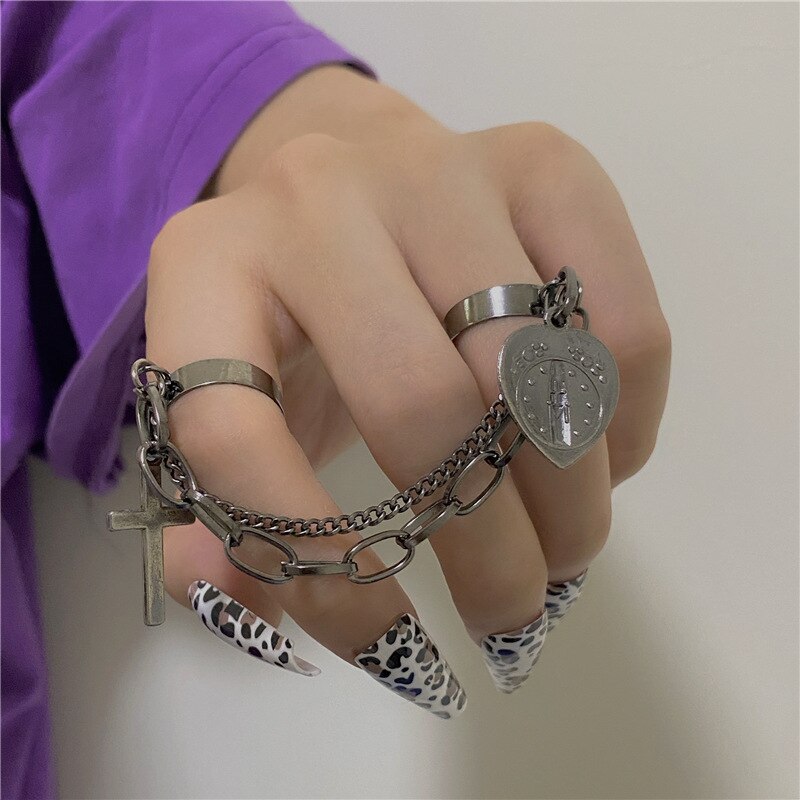 Double Finger Chain Rings for Women Alloy Adjustable Open Finger Ring Party Trend Jewelry: 04