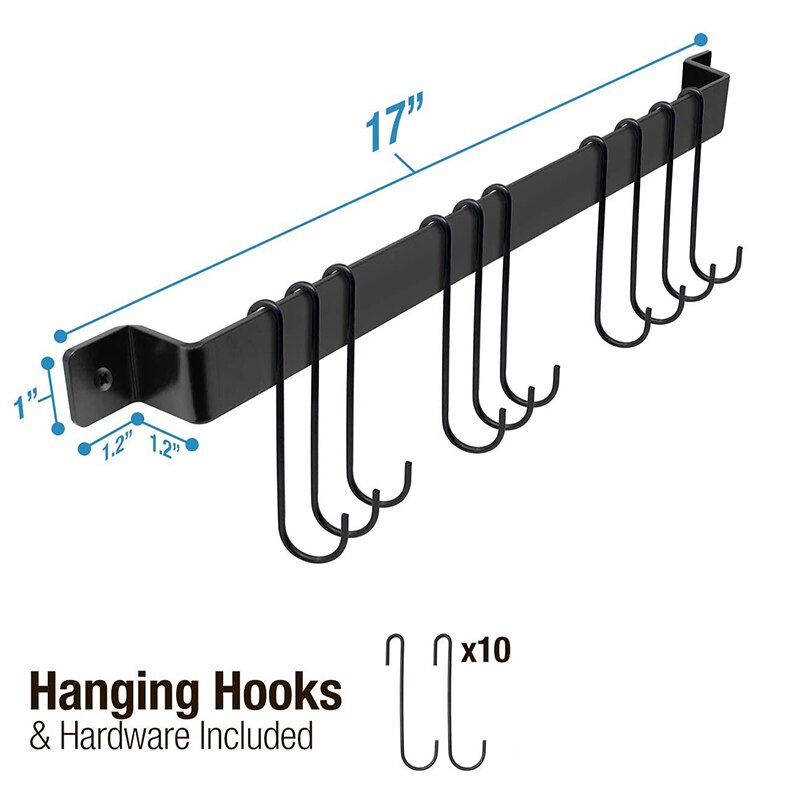 Kitchen Pot and Pan Hanger Rail Bar Rack Wall Mounted 17 Inch with 10 Hooks, Utensil & Cookware Hangers, Industrial