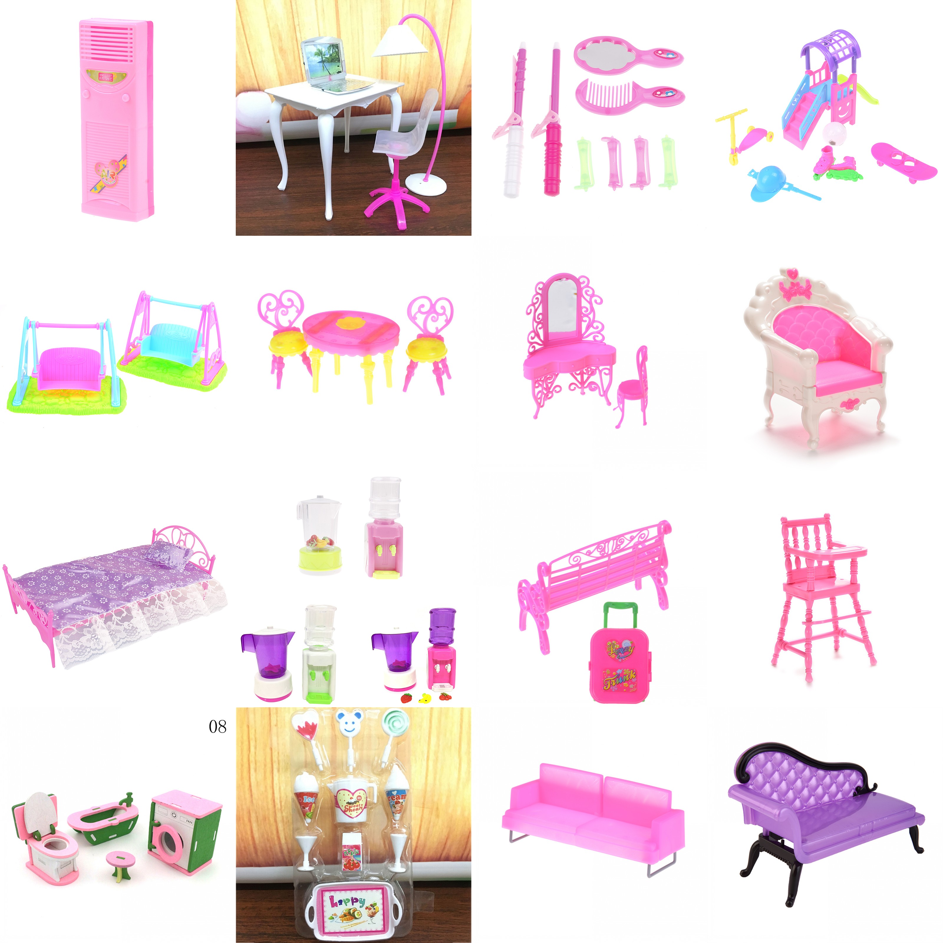 Plastic Bed Bedroom Table Chair Swing Furniture For Dolls Dollhouse Furniture Pink Color Toy For Children Doll Pretend Play Toy