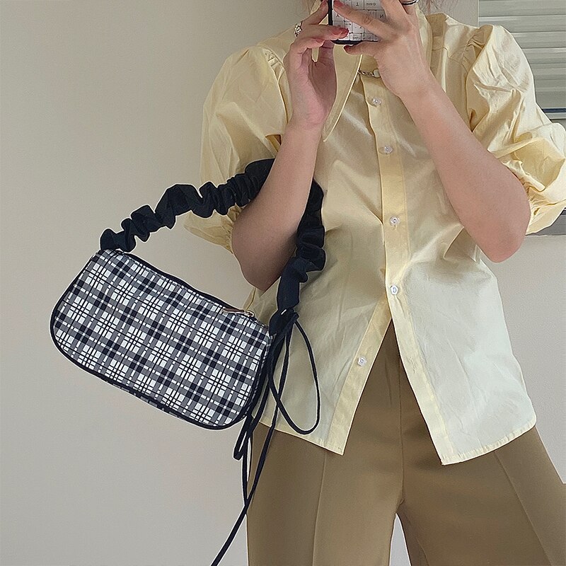 Simple Female Nylon Square Underarm Bags Women Pleated Strap Shoulder Bag Ladies Small Portable Plaid Handbags