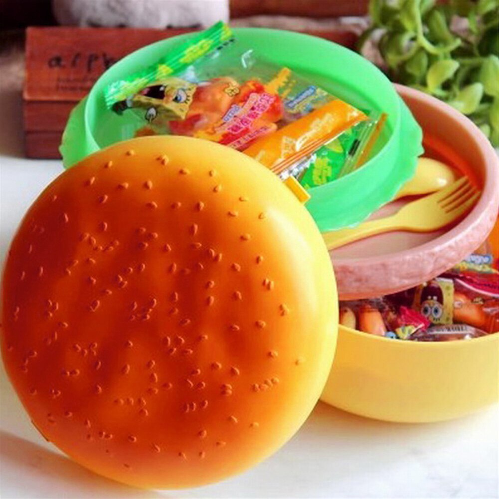 Cute Hamburger Double Tier Lunch Box Burger Box Bento Lunchbox Children School Food Container Tableware Set with Fork Kids