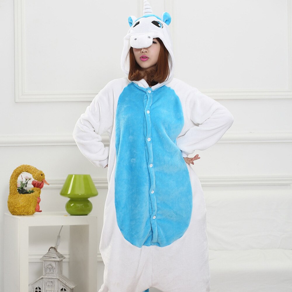 Blue White Unicorn Kigurumis Unisex Pajama Women Girl Adult Sleepwear Flannel Warm Home Jumpsuit Animal Funny Cute Onepiece Suit