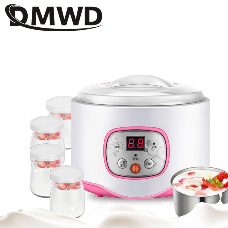 DMWD Multifunctional Electric Yogurt Maker Timing Natto Rice Wine Machine Automatic Yoghurt Fermenter With 4 Leben Glass Cups EU