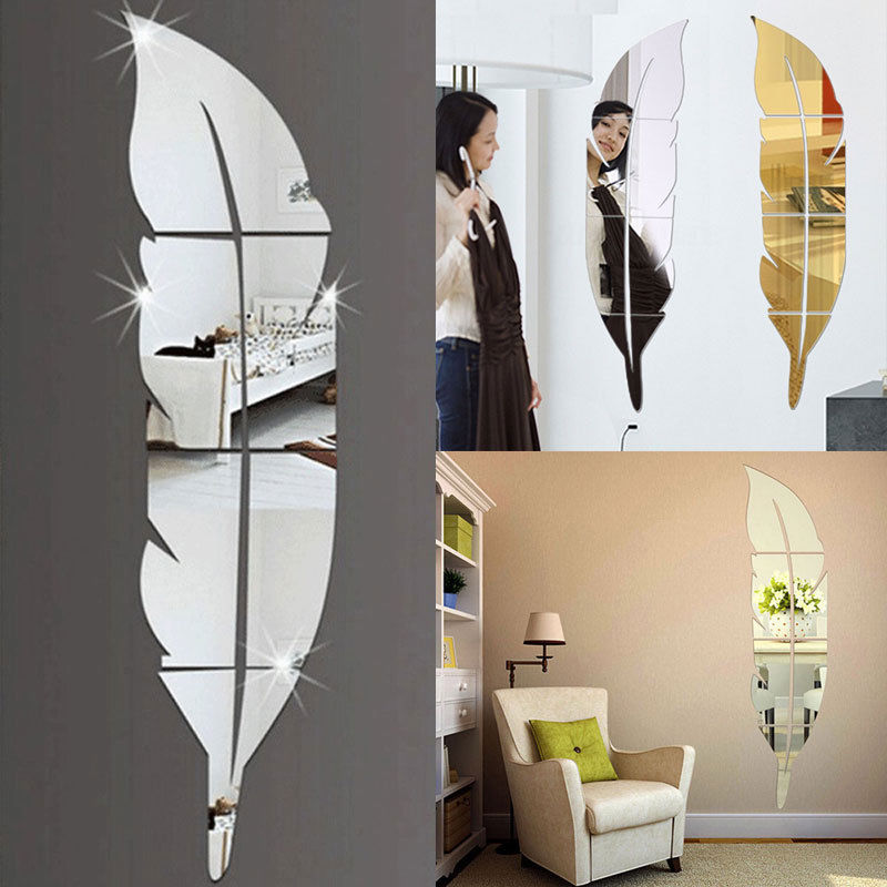 Decoratieve Spiegels 1 x 3D Veer Spiegel Muursticker Kamer Decal Mural Art DIY Home Decoratie Home Decor