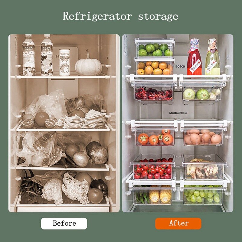 Transparent Refrigerator Drawer Storage Box Retractable Pullout Drawer Fresh Spacer Layer Sort Kitchen Fridge Shelf Organizer