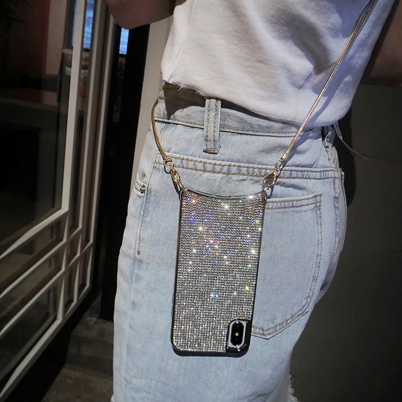 S10 plus przypadku Bling brokat kryształ górski diament Crossbody etui robić Samsung galaktyka S10 pokrywa dla kobiet z długi pasek metalu łańcuch