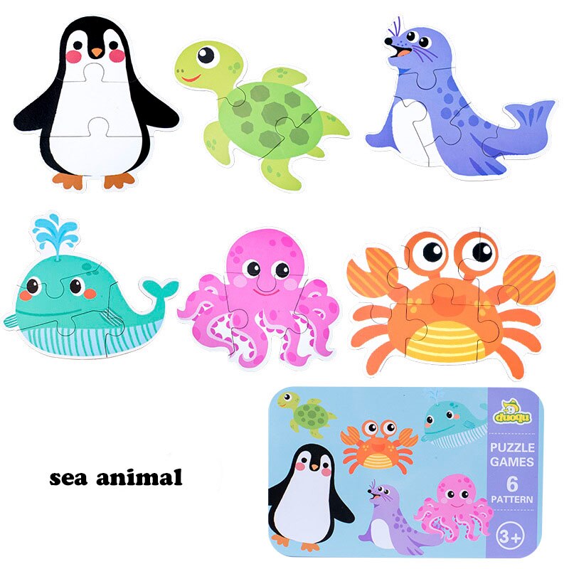 Montessori Baby Toy Card Puzzles Early Learning Educational Toy Cartoon Traffic Animal Fruit With Iron Box Kids Cognitive Puzzle: Ocean