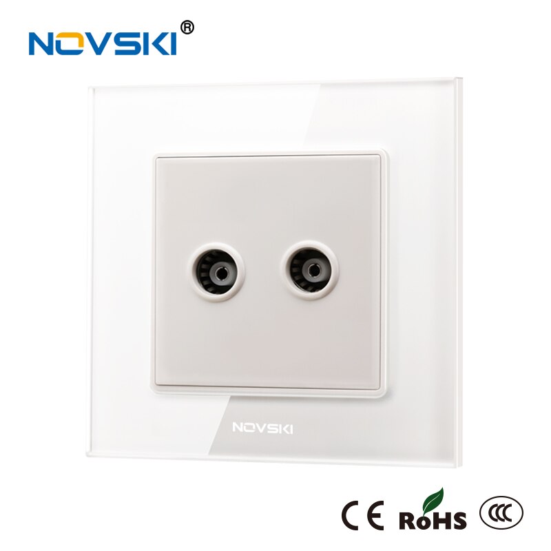 Di lusso doppio antenna TV Presa A Muro Argento placcato il Doppio Coassiale Montaggio A Parete Piastra Frontale di Presa di Uscita di Cristallo Temperato di Vetro: Ceramic bianca