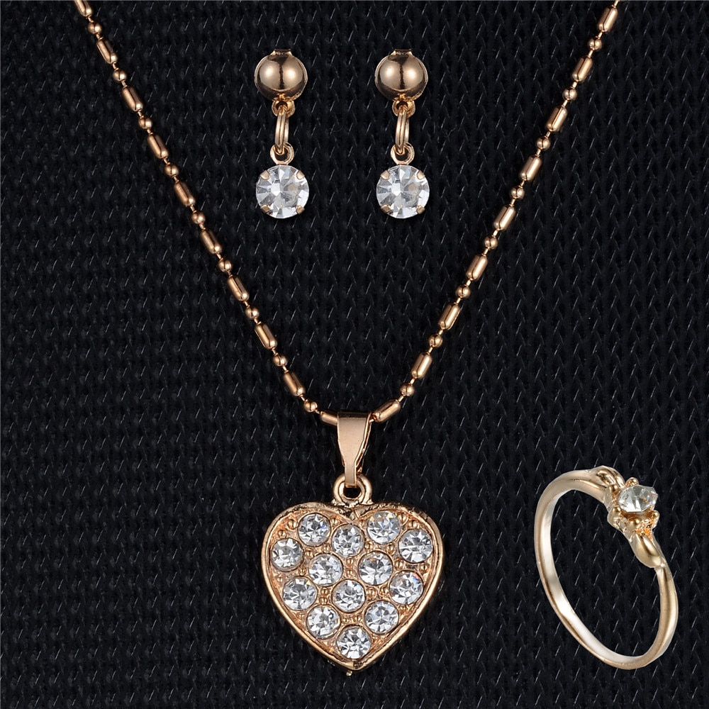 Heart Pendant Necklaces Rhinestone Earring Rings Jewelry Set For Women Wedding Party Girl bride Engagement Jewelry