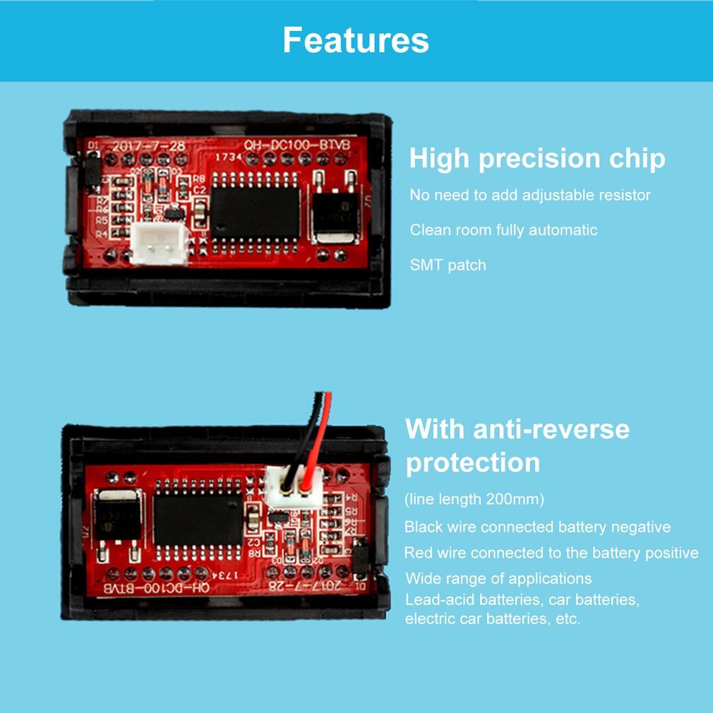 6-100V Dual Display Voltmeter Lead Acid Battery Percentage Digital Voltage Power Meter Anti-reverse Connection