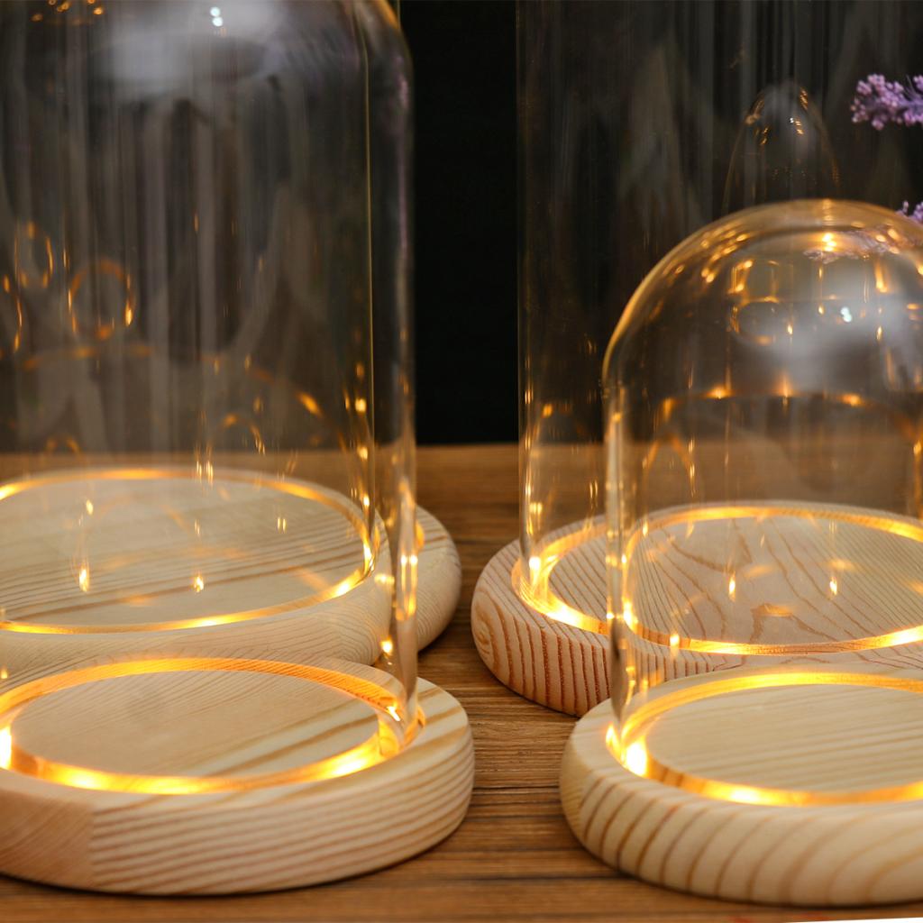 Glass Display Dome + LED Wooden Base, Decorative Clear Glass Cloche Bell Jars Display Dome for Decor