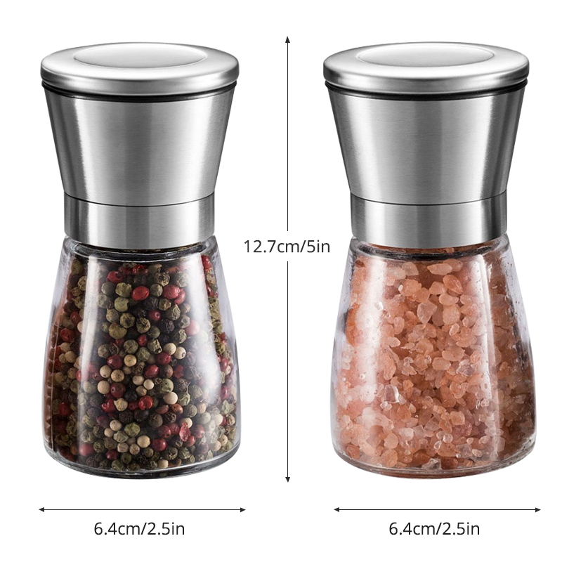 Konco 2 st saltpepparkvarnshakers, pepparkryddkvarnar i rostfritt stål med justerbar keramik med glaskropp